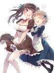  2girls :d ^_^ aoi89 apron black_legwear blonde_hair breasts brown_hair cleavage closed_eyes dress hands_on_shoulders large_breasts maid maid_headdress mary_janes multiple_girls open_mouth original shoes short_hair smile teeth thighhighs twintails violet_eyes white_legwear 