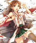  1girl bare_shoulders blue_eyes brown_hair detached_sleeves hairband hiei_(kantai_collection) japanese_clothes kantai_collection looking_at_viewer nontraditional_miko personification pleated_skirt short_hair signature skirt solo toosaka_asagi 