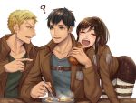  1girl bertholt_fubar black_hair blonde_hair brown_hair closed_eyes food freckles fujimaru_(green_sparrow) jacket ponytail reiner_braun sasha_braus shingeki_no_kyojin short_hair 