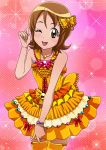  1girl bracelet brown_eyes brown_hair dress eyelashes hair_ornament hair_ribbon happinesscharge_precure! happy jewelry looking_at_viewer masako_(sabotage-mode) oomori_yuuko open_mouth precure ribbon smile solo thighhighs thighs wink yellow_dress 