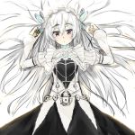  1girl butterfly_hair_ornament chaika_trabant dress ffmania7 frills hair_ornament hairband hitsugi_no_chaika lolita_hairband long_hair long_sleeves lying on_back rough silver_hair solo violet_eyes 