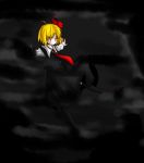  1girl blonde_hair blouse darkness hair_ribbon mousou necktie outstretched_arms ribbon rumia short_hair skirt smile spread_arms touhou vest 