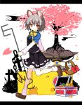  1girl 5240mosu absurdres animal_ears bishamonten&#039;s_pagoda cheese cherry_blossoms grey_hair highres mouse mouse_ears mouse_tail nazrin petals red_eyes rod solo tail touhou treasure_chest 
