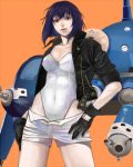  1girl breasts bussan ghost_in_the_shell ghost_in_the_shell_stand_alone_complex gloves hands_on_hips jacket kusanagi_motoko leotard mecha purple_hair red_eyes robot short_hair short_shorts shorts tachikoma 