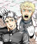  2boys beard black_hair blonde_hair facial_hair gakuran gloves jacket jojo_no_kimyou_na_bouken joseph_joestar miyasemao multiple_boys school_uniform 