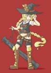  1girl absurdres alternate_costume alternate_hairstyle at-4 belt belt_pouch blonde_hair boots borisx braid buckle hat highres kirisame_marisa knee_boots knife long_hair midriff panties recoilless_rifle red_background sheath sheathed short_sleeves shorts solo touhou underwear very_long_hair vest vial witch_hat 