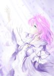  1girl arm_garter arm_up eyelashes eyeshadow grey_eyes hand_on_own_chest japanese_clothes kimono kz_nagomiya long_sleeves looking_up makeup no_hat pale_color parted_lips petals pink_hair profile saigyouji_yuyuko short_hair solo sunbeam sunlight touhou 