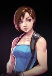  1girl bare_shoulders black_background blue_eyes breasts brown_hair bust fringe gloves highres jill_valentine lips resident_evil resident_evil_3 robert_porter short_hair solo suspenders toned 