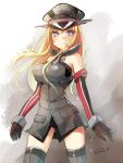  1girl bare_shoulders bismarck_(kantai_collection) blonde_hair blue_eyes breasts elbow_gloves gloves hat kantai_collection large_breasts long_hair military military_hat military_uniform nunucco peaked_cap personification signature solo uniform 