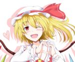  1girl blonde_hair blush bow chata_maru_(irori_sabou) fangs flandre_scarlet hat hat_bow heart heart_hands red_eyes side_ponytail solo touhou wings wink 