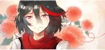  1girl black_hair blue_eyes casual commentary crying crying_with_eyes_open flower happy_tears highlights hyde_(hai-do) kill_la_kill lowres matoi_ryuuko multicolored_hair peony_(flower) red_scarf scarf short_hair solo tears 