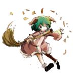  1girl agaryaashika animal_ears blue_eyes blush_stickers broom dress fang foreshortening full_body green_hair holding juliet_sleeves kasodani_kyouko leaf long_sleeves outstretched_arms puffy_sleeves rough short_hair simple_background smile solo spread_arms touhou white_background 