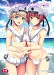  2girls beach bikini bikini_skirt blue_eyes blue_sky brown_eyes brown_hair clothes_writing clouds commentary_request cover cover_page cowboy_shot day doujin_cover hat kantai_collection kyougoku_shin looking_at_viewer multiple_girls ocean outdoors sailor_bikini sailor_collar sailor_hat short_hair side-tie_bikini silver_hair sky swimsuit white_bikini white_hat white_sailor_collar z1_leberecht_maass_(kantai_collection) z3_max_schultz_(kantai_collection) 