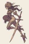  1girl armor boots breastplate full_body gauntlets greaves helmet high_heel_boots high_heels holding_sword holding_weapon kilart leotard long_hair monochrome original profile running sepia shield simple_background solo spurs sword thigh-highs thigh_boots weapon 