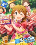  apron baba_konomi blue_eyes brown_hair character_name child chocolate dress food food_themed_clothes idolmaster idolmaster_million_live! long_hair open_mouth picnic wink 
