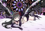  1girl akemi_homura akuma_homura arm_warmers black_hair bow dark_persona elbow_gloves gloves hair_ornament hair_ribbon hands_on_own_face kneehighs long_hair lying mahou_shoujo_madoka_magica mahou_shoujo_madoka_magica_movie official_art ribbon smile solo spoilers violet_eyes wings 