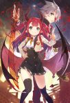  1boy 1girl black_legwear blush character_request demon_girl demon_tail demon_wings green_eyes hand_on_hip horns index_finger_raised long_hair looking_at_viewer pointy_ears redhead shirabi_(life-is-free) skirt smile tail thigh-highs twintails wings zettai_ryouiki 