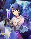  1girl ahoge blue_hair blush bracelet breasts brown_eyes cleavage curly_hair dress drink idolmaster idolmaster_million_live! jewelry necklace night official_art open_mouth short_hair smile solo toyokawa_fuuka 