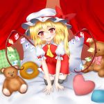  1girl all_fours ascot bedroom black_legwear blonde_hair blush bow fang flandre_scarlet hat hat_bow highres red_eyes side_ponytail solo stuffed_animal stuffed_toy teddy_bear touhou wings ymd_(holudoun) 