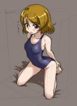  1girl brown_hair kneeling koizumi_hanayo love_live!_school_idol_project rohitsuka school_swimsuit short_hair swimsuit violet_eyes 