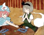  2girls closed_eyes eating food hairband hat hitodama konpaku_youmu kozou_(soumuden) licking_lips multiple_girls pink_hair plate saigyouji_yuyuko short_hair silver_hair stealing_food tongue touhou traditional_media triangular_headpiece 