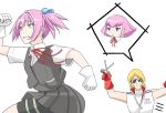  1boy 1girl akaneyu_akiiro alternate_hairstyle blonde_hair blue_eyes crossover crying crying_with_eyes_open gloves gundam gundam_zz haman_karn haman_karn_(cosplay) kantai_collection personification pink_hair quattro_bajeena running running_away school_uniform scissors shiranui_(kantai_collection) short_hair sunglasses tears zeta_gundam 