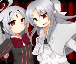  2girls bow capelet company_connection flat_chest forehead_jewel hachisu_susumu_shion hair_bow hairband highres long_hair melty_blood multiple_girls pointy_ears raised_eyebrow red_eyes robot_ears silver_hair tsukihime twintails under_night_in-birth vatista vertical_stripes white_len 