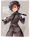  2boys armband blue_hair brown_eyes brown_hair character_name gloves grin hat inazuma_eleven_(series) inazuma_eleven_go inazuma_eleven_go_galaxy kusa_chuu male matatagi_hayato matsukaze_tenma military military_uniform multicolored_hair multiple_boys necktie peaked_cap riding_crop shinsei_inazuma_japan smile soccer_uniform solo_focus sportswear two-tone_hair uniform white_gloves 