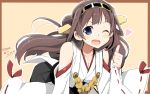  1girl ;d bare_shoulders breasts brown_background brown_hair cleavage copyright_name dated detached_sleeves double_bun hairband headgear heart japanese_clothes kantai_collection kongou_(kantai_collection) long_hair looking_at_viewer nontraditional_miko one_eye_closed open_mouth outline personification smile solo thumbs_up twitter_username wara_(warapro) white_clothes wink 