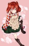  1girl adjusting_glasses apron bell blush checkered clothes_writing glasses hair_bell hair_ornament highres japanese_clothes jingle_bell kimono long_sleeves looking_at_viewer motoori_kosuzu red_eyes redhead short_hair smile solo touhou twintails uranaishi_(miraura) 