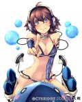  1girl arm_support bare_shoulders bikini black_bikini blue_eyes blush breasts bridal_gauntlets brown_hair choker cleavage copyright_name elbow_gloves foreshortening gloves hair_between_eyes headphones highres keypot mecha_shoujo_taisen_z navel pointing pointing_at_viewer simple_background solo straddling swimsuit tattoo tears torpedo watermark white_background 