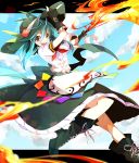 1girl akibotann alternate_hairstyle black_boots black_gloves black_hat blue_hair blue_sky boots clouds cross-laced_footwear dress fingerless_gloves fire flaming_sword food fruit gloves hand_on_headwear hat hinanawi_tenshi holding_sword holding_weapon looking_at_viewer open_mouth payot peach puffy_short_sleeves puffy_sleeves red_eyes sash short_hair short_sleeves sky solo sword sword_of_hisou touhou weapon 