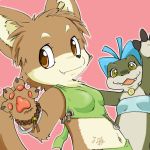  2girls animal_ears animal_tail bow brown_eyes brown_hair canine green_eyes kemono kemorori kemoshota lizard 