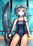  1girl blue_eyes blue_hair gia one-piece_swimsuit original short_hair short_ponytail side_ponytail solo swimsuit sword weapon 