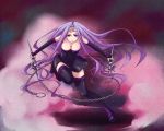  1girl breasts bridal_gauntlets chain cleavage facial_mark fate/stay_night fate_(series) fog forehead_mark long_hair looking_at_viewer open_mouth purple_hair rider skirt solo thigh-highs violet_eyes weapon yoshida_(marigan12) zettai_ryouiki 
