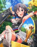  1girl ahoge armpits bicycle black_hair blush boots flower idolmaster idolmaster_million_live! kikuchi_makoto microphone official_art open_mouth short_hair singing sky smile solo sports trophy violet_eyes wink 