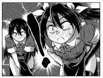  blush buntaichou chikuma_(kantai_collection) comic full-face_blush hair_ribbon kantai_collection long_hair monochrome multiple_girls open_mouth personification ribbon tone_(kantai_collection) twintails 