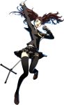  1girl black_legwear brown_eyes brown_hair earrings highres jewelry kujikawa_rise microphone official_art open_mouth persona persona_4 persona_4:_the_ultimate_in_mayonaka_arena school_uniform skirt soejima_shigenori solo thighhighs 