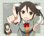  &gt;:d 2girls :d ^_^ belt blush brown_eyes brown_hair chikuma_(kantai_collection) closed_eyes copyright_name dated green_background green_clothes hair_ribbon hand_on_hip hands_together kantai_collection long_hair looking_at_viewer miniskirt multiple_girls neck_ribbon open_mouth personification pointing pointing_at_viewer red_ribbon ribbon skirt smile tone_(kantai_collection) twintails twitter_username wara_(warapro) white_ribbon 