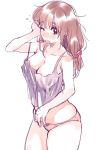  1girl ;o amezawa_koma breasts brown_eyes brown_hair camisole cleavage large_breasts long_hair one_eye_closed open_mouth panties pink_panties rough rubbing_eyes simple_background solo strap_slip underwear white_background wink 
