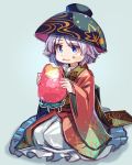  1girl blue_background blue_eyes bowl eating food food_on_face food_themed_clothes frills fruit hat japanese_clothes kimono long_sleeves looking_at_viewer minigirl obi purple_hair ribbon sash short_hair simple_background sitting smile solo strawberry sukuna_shinmyoumaru touhou wide_sleeves zounose 