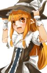  1girl blush cosplay fang hat highres horns ibuki_suika kirisame_marisa kirisame_marisa_(cosplay) long_hair looking_at_viewer nishiuri open_mouth orange_eyes orange_hair pointy_ears simple_background smile solo touhou white_background witch_hat 