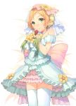  1girl absurdres blush bouquet dress flower highres hoshizora_rin kame^^ looking_at_viewer love_live!_school_idol_project orange_hair short_hair smile solo thighhighs veil white_legwear yellow_eyes 