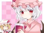  2girls bat_wings blonde_hair blood brooch commentary_request dress drinking drinking_glass drinking_straw flandre_scarlet hammer_(sunset_beach) hat hat_ribbon jewelry looking_at_viewer mob_cap multiple_girls pink_eyes red_dress red_eyes remilia_scarlet ribbon siblings silver_hair sisters touhou wings 