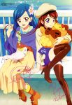  2girls :d absurdres aikatsu! bird blue_hair boots brown_hair casual cockatoo flower hair_flower hair_ornament hair_twirling hat highres kazesawa_sora legs long_hair mole multicolored_hair multiple_girls official_art open_mouth playing_with_another&#039;s_hair purple_hair red_eyes shibuki_ran signature smile stuffed_animal stuffed_toy sulphur-crested_cockatoo thigh-highs thigh_boots very_long_hair violet_eyes watanabe_satomi zettai_ryouiki 