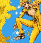  1boy artist_request blonde_hair blue_eyes braid breasts cleavage derivative_work giorno_giovanna happy jojo_no_kimyou_na_bouken jojo_pose looking_at_viewer pants pose shoes short_hair smile solo source_request tagme yellow_legwear 
