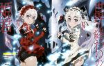  2girls absurdres ass butterfly_hair_ornament chaika_bogdan chaika_trabant dragon dress earrings fingerless_gloves frederika_(hitsugi_no_chaika) frills gloves glowing hair_ornament hairband highres hitsugi_no_chaika jewelry lolita_hairband long_hair multiple_girls newtype official_art puffy_sleeves red_eyes scan short_hair silver_hair smile suwa_masahiro violet_eyes 