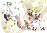  1girl character_name clover crop_top digital_media_player fang four-leaf_clover green_eyes green_hair gumi h2so4 hair_ornament hairclip headphones headphones_around_neck midriff navel open_mouth shoes short_hair skirt smile sneakers solo thigh-highs vocaloid white_legwear 