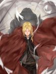  2boys ahoge alphonse_elric armor belt black_clothes blonde_hair brothers cape closed_eyes edward_elric facing_away facing_viewer full_armor fullmetal_alchemist highres kanosi long_hair multiple_boys red_cape siblings standing 