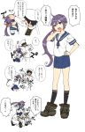  1boy 1girl admiral_(kantai_collection) akebono_(kantai_collection) anchor_symbol black_hair cowering gloves hair_ornament hand_on_head hand_on_hip hand_on_own_neck hands_on_own_head hat hitting kantai_collection long_hair naval_uniform neck_ribbon petting punching purple_hair ribbon school_uniform serafuku shaded_eyes shitty_admiral short_hair side_ponytail sitting sitting_on_person skirt socks translated violet_eyes yanagida_fumita 